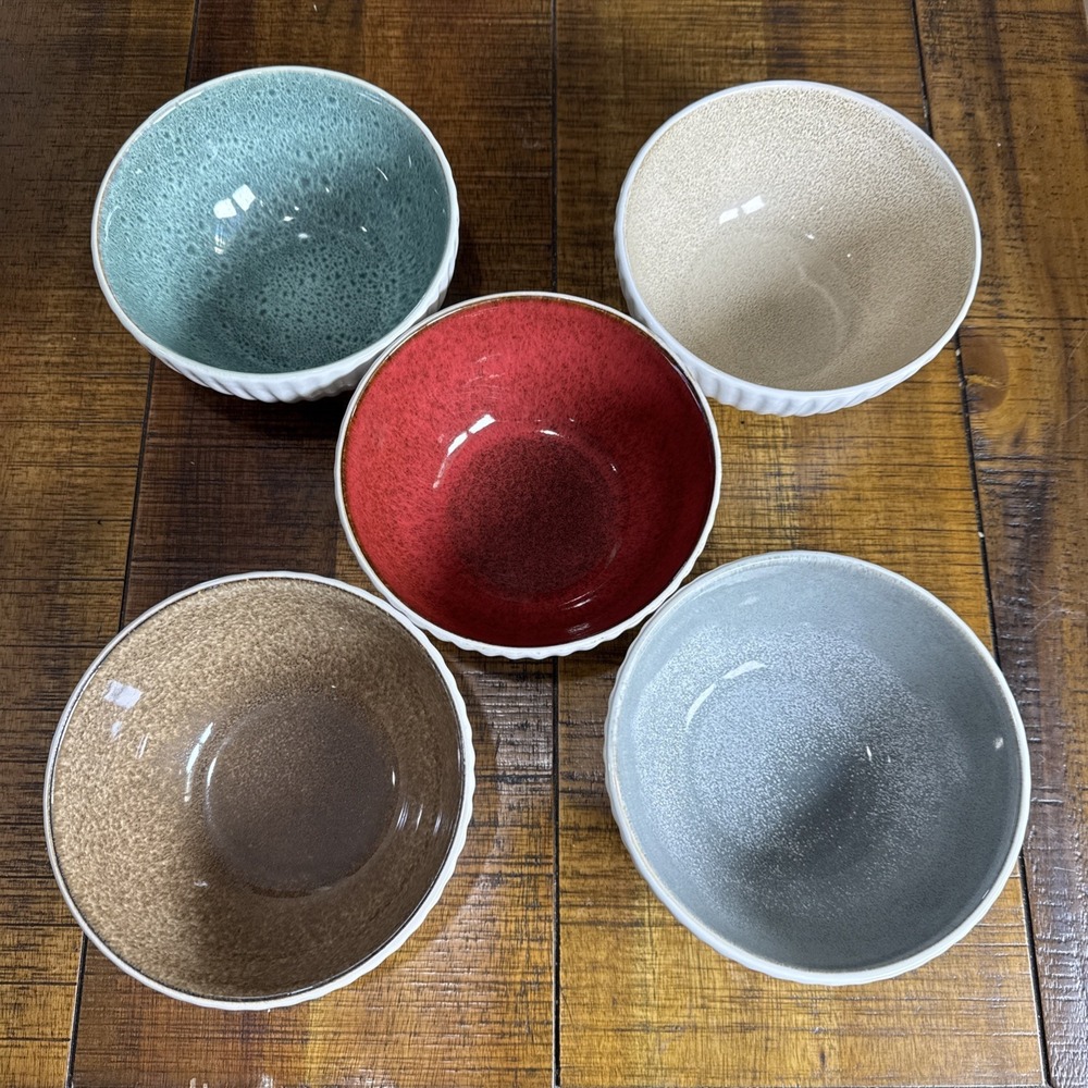 Laurie Gates Set of 5 Ribbed Speckled Ceramic Bowls Dishwasher Microwave Safe 6"